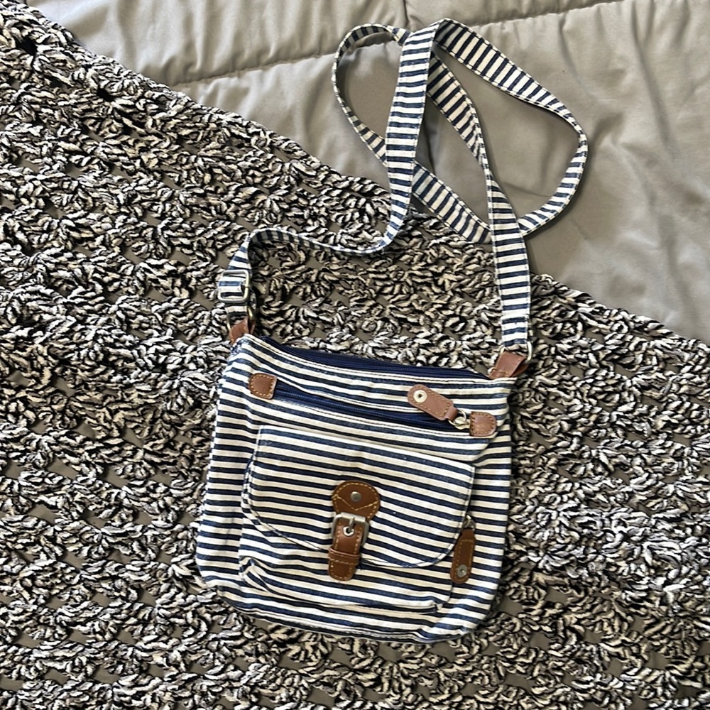 Navy striped Purse with faux leather accents
